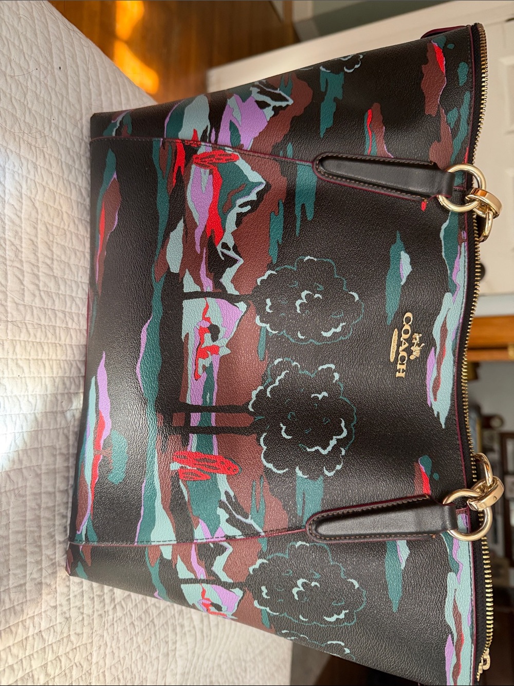 Coach Black Multi Floral Landscape Leather Tote
